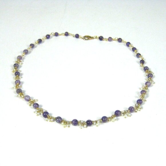 Amethyst Fresh Water Pearl Beaded Necklace Gold Tone Chain Minimal Delicate 18 i - Picture 1 of 11